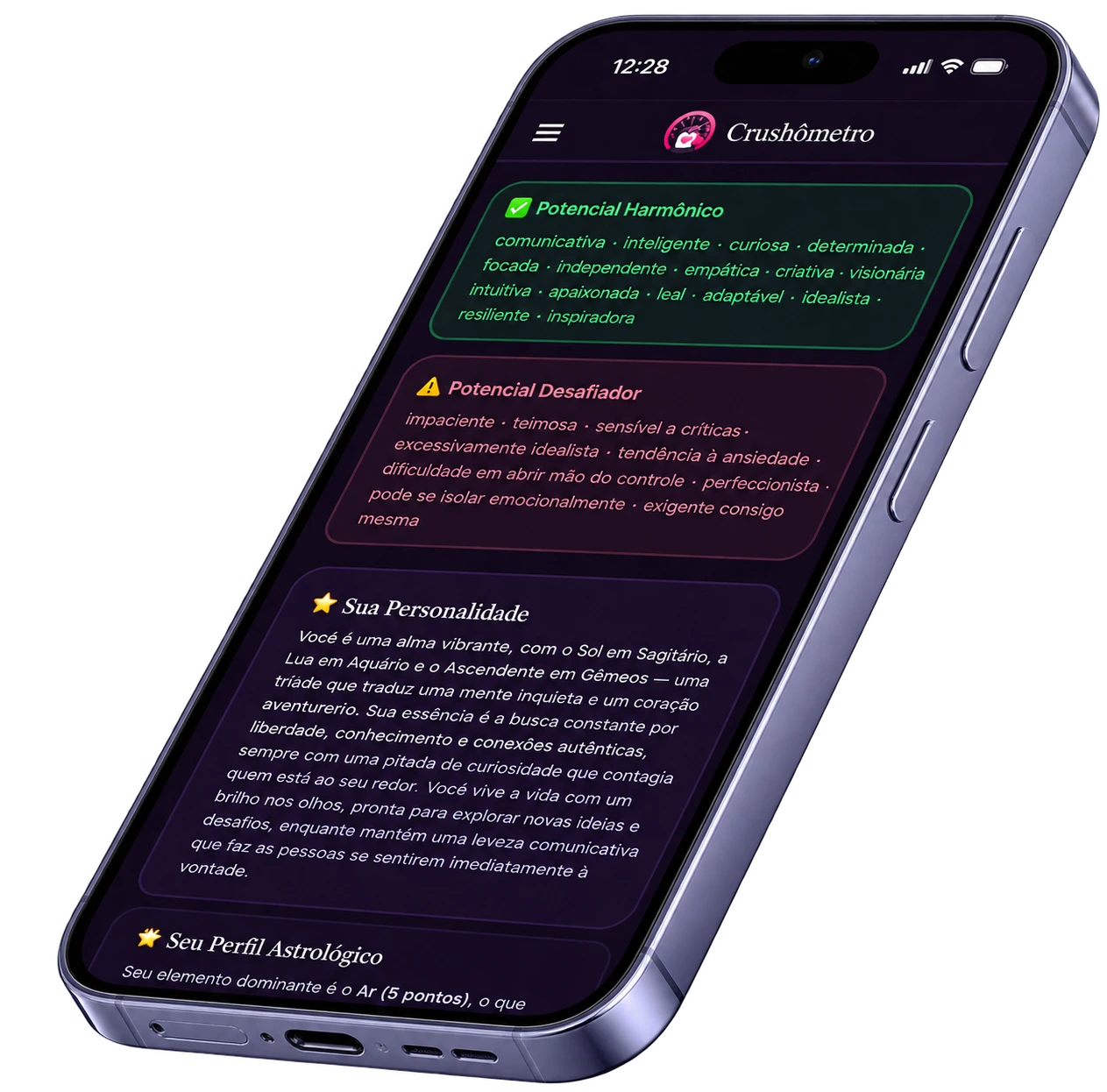 Celular mostrando o Mapa Astral no Crushômetro, com potenciais harmônicos, potenciais desafiadores e a seção Sua Personalidade.